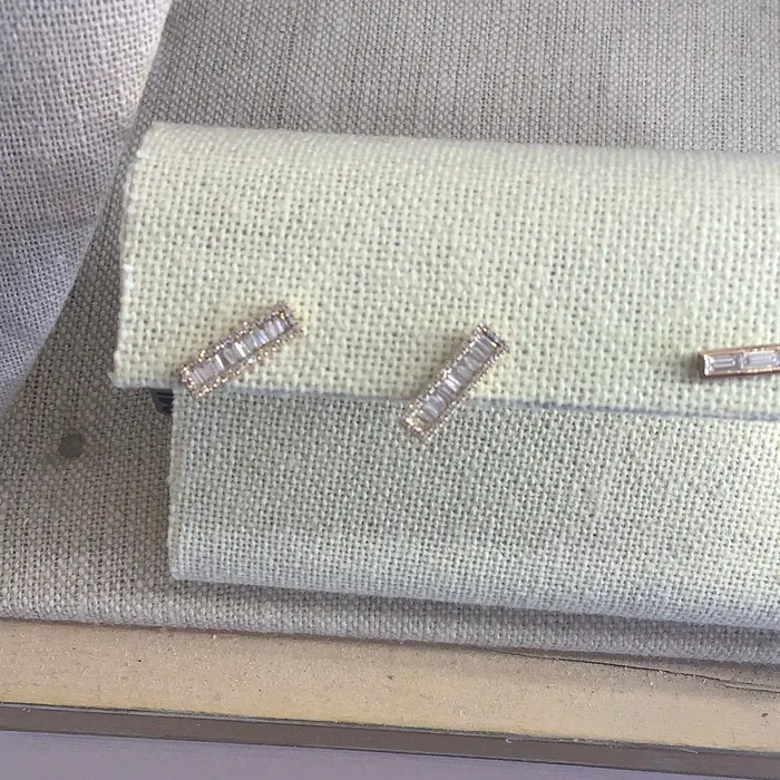 Andrea Groussman Earrings rose gold baguette diamond pave emerald stud