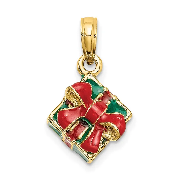 14k Yellow Gold 3D wEnamel Green Gift Box wRed Bow Charm Goldia Charm Necklaces