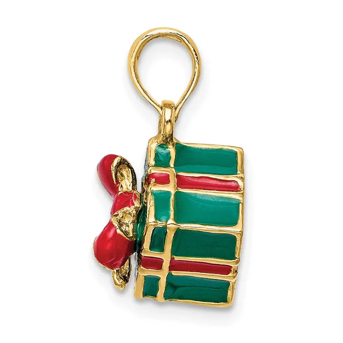 14k Yellow Gold 3D wEnamel Green Gift Box wRed Bow Charm Goldia Charm Necklaces