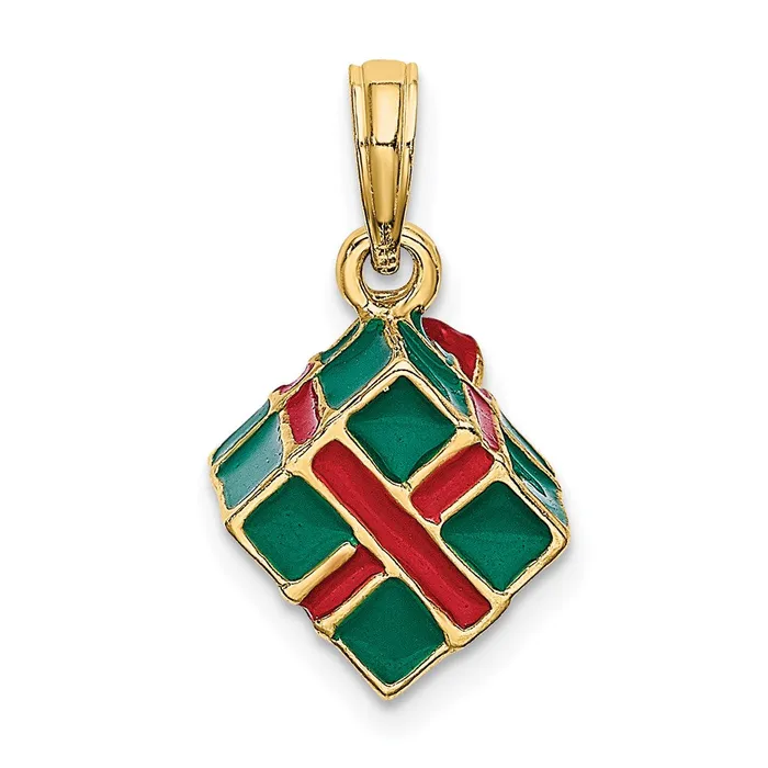 14k Yellow Gold 3D wEnamel Green Gift Box wRed Bow Charm Goldia Charm Necklaces