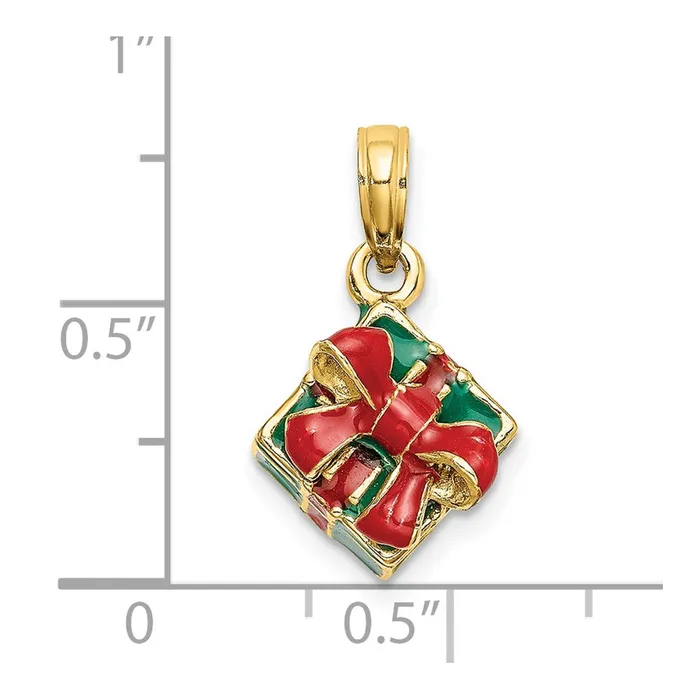 14k Yellow Gold 3D wEnamel Green Gift Box wRed Bow Charm Goldia Charm Necklaces