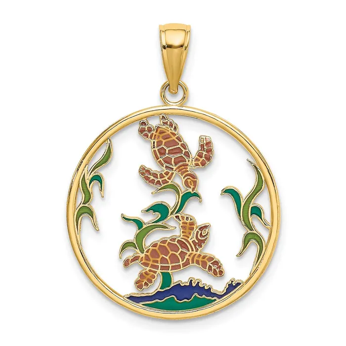 14k Yellow Gold Enamel Sea Turtles In Circle Charm Goldia Charm Necklaces