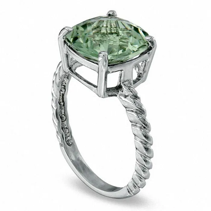 Goldia 100mm CushionCut Green Quartz Twisted Band Ring in Solid 10K White Gold Rings Goldia 100mm CushionCut Green Quartz Twisted Band Ring in Solid 10K White Gold Rings