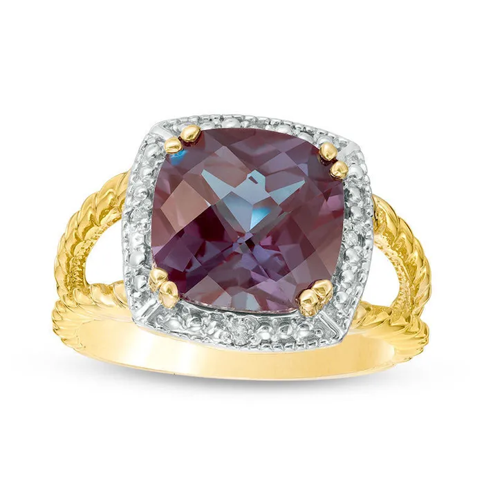 Goldia 100mm CushionCut LabCreated Alexandrite and Diamond Accent Frame Split Shank Rope Ring in Solid 10K Yellow Gold Rings Goldia 100mm CushionCut LabCreated Alexandrite and Diamond Accent Frame Split Shank Rope Ring in Solid 10K Yellow Gold Rings