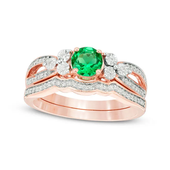 Goldia Rings 58mm LabCreated Emerald and 020 CT TW Diamond TriSides Bridal Engagement Ring Set in Solid 10K Rose Gold Goldia Rings 58mm LabCreated Emerald and 020 CT TW Diamond TriSides Bridal Engagement Ring Set in Solid 10K Rose Gold