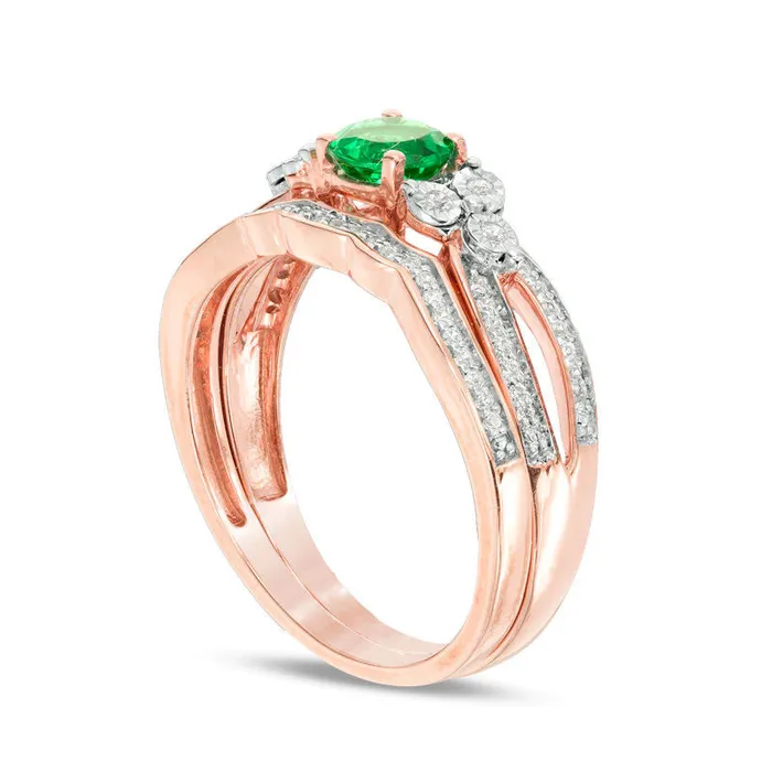 Goldia Rings 58mm LabCreated Emerald and 020 CT TW Diamond TriSides Bridal Engagement Ring Set in Solid 10K Rose Gold Goldia Rings 58mm LabCreated Emerald and 020 CT TW Diamond TriSides Bridal Engagement Ring Set in Solid 10K Rose Gold