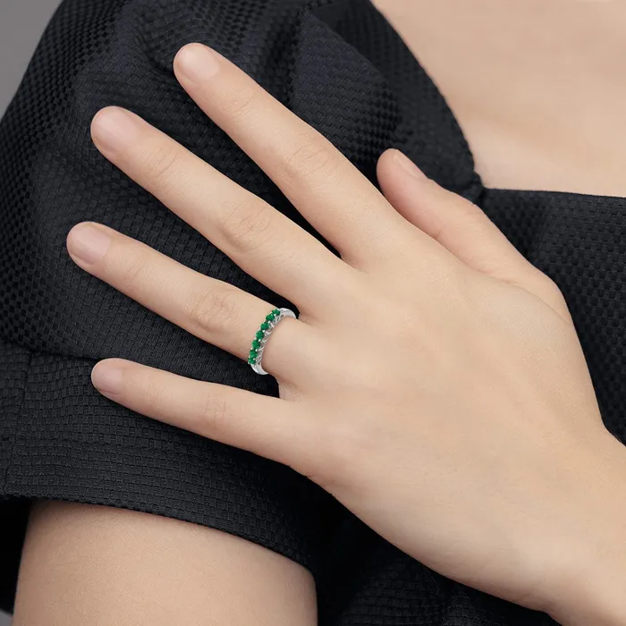 Goldia Rings Solid 14k White Gold Created Simulated Emerald and CZ 7stone Ring