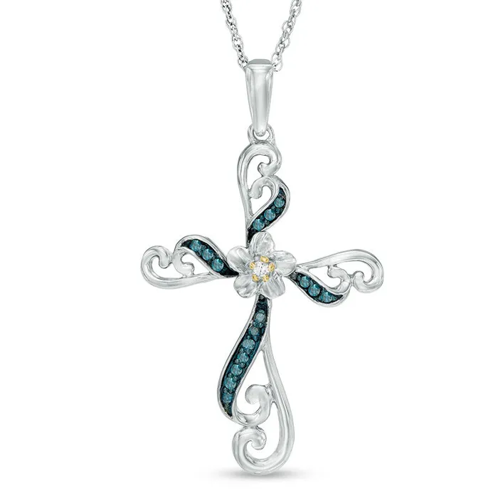 Necklaces 01 CT TW Enhanced Blue and White Natural Diamond Cross Flower Pendant in Sterling Silver and 10K Yellow Gold Goldia Necklaces 01 CT TW Enhanced Blue and White Natural Diamond Cross Flower Pendant in Sterling Silver and 10K Yellow Gold Goldia