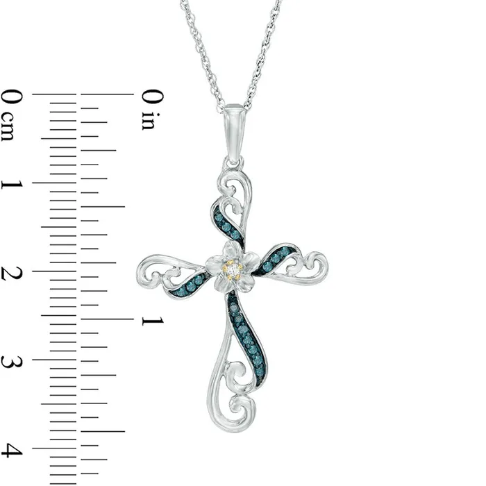 Necklaces 01 CT TW Enhanced Blue and White Natural Diamond Cross Flower Pendant in Sterling Silver and 10K Yellow Gold Goldia Necklaces 01 CT TW Enhanced Blue and White Natural Diamond Cross Flower Pendant in Sterling Silver and 10K Yellow Gold Goldia
