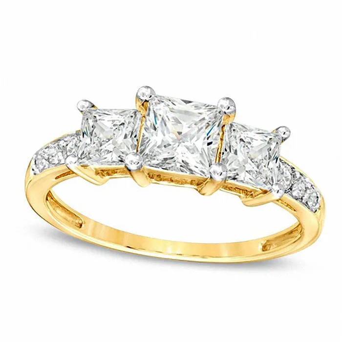 PrincessCut LabCreated White Sapphire Three Stone Ring in Solid 10K Yellow Gold Goldia Rings PrincessCut LabCreated White Sapphire Three Stone Ring in Solid 10K Yellow Gold Goldia Rings