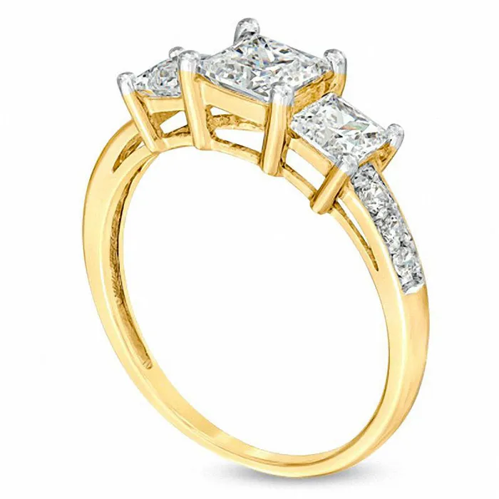 PrincessCut LabCreated White Sapphire Three Stone Ring in Solid 10K Yellow Gold Goldia Rings PrincessCut LabCreated White Sapphire Three Stone Ring in Solid 10K Yellow Gold Goldia Rings