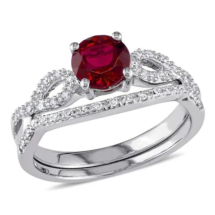 Rings Goldiacom 60mm LabCreated Ruby and 18 CT TW Diamond Twist Shank Bridal Engagement Ring Set in 14K White Gold Rings Goldiacom 60mm LabCreated Ruby and 18 CT TW Diamond Twist Shank Bridal Engagement Ring Set in 14K White Gold