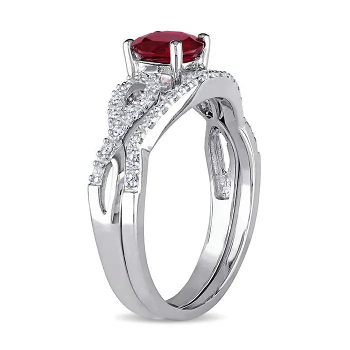 Rings Goldiacom 60mm LabCreated Ruby and 18 CT TW Diamond Twist Shank Bridal Engagement Ring Set in 14K White Gold