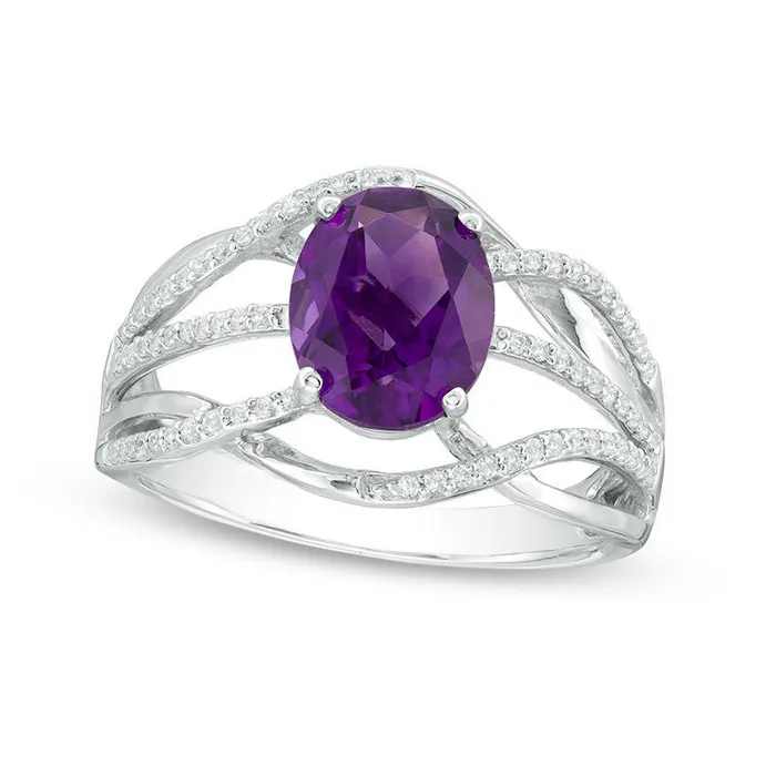 Rings Goldia Oval Amethyst and 020 CT TW Natural Diamond Layered Crossover Ring in Sterling Silver Rings Goldia Oval Amethyst and 020 CT TW Natural Diamond Layered Crossover Ring in Sterling Silver