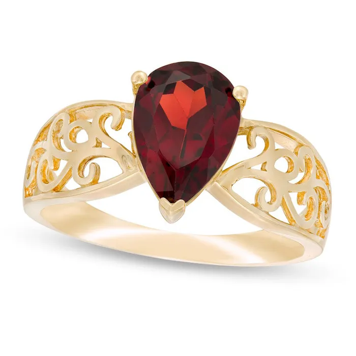 Rings Goldia PearShaped Garnet Wide Filigree Ring in Solid 10K Yellow Gold Rings Goldia PearShaped Garnet Wide Filigree Ring in Solid 10K Yellow Gold