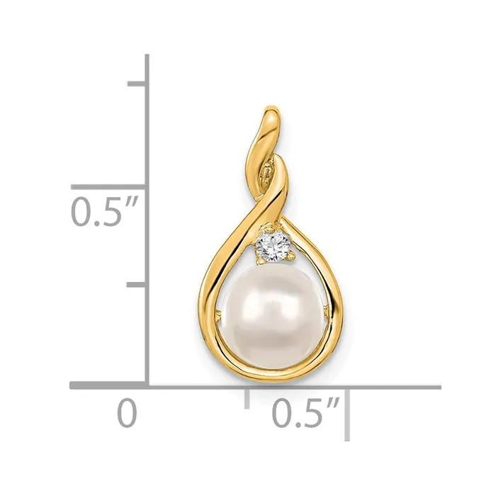 14k Yellow Gold 7mm White Round Freshwater Cultured Pearl AA Diamond Pendant TreasureFineJewelers Necklaces