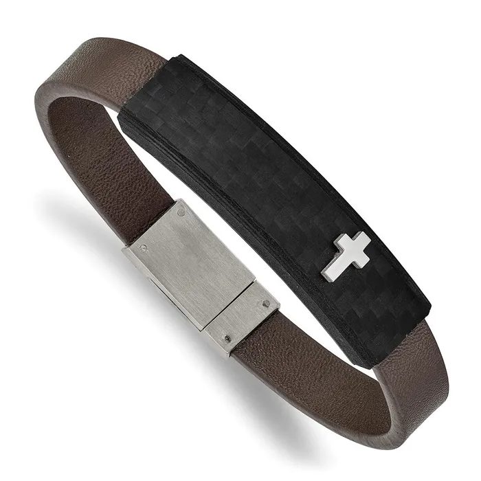 Bracelets TreasureFineJewelers Chisel Stainless Steel Polished Cross Solid Carbon Fiber Brown Faux Leather 8 inch Bracelet Bracelets TreasureFineJewelers Chisel Stainless Steel Polished Cross Solid Carbon Fiber Brown Faux Leather 8 inch Bracelet
