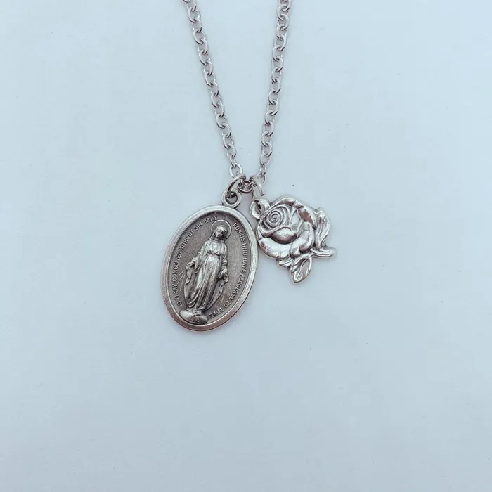 Catholic Gifts Canada Charm Necklaces Miraculous Medal with Rose Charm