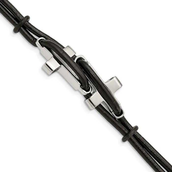 Chisel Stainless Steel Polished Sideways Crosses 2 Strand Black Leather 825 inch Bracelet TreasureFineJewelers Bracelets Chisel Stainless Steel Polished Sideways Crosses 2 Strand Black Leather 825 inch Bracelet TreasureFineJewelers Bracelets