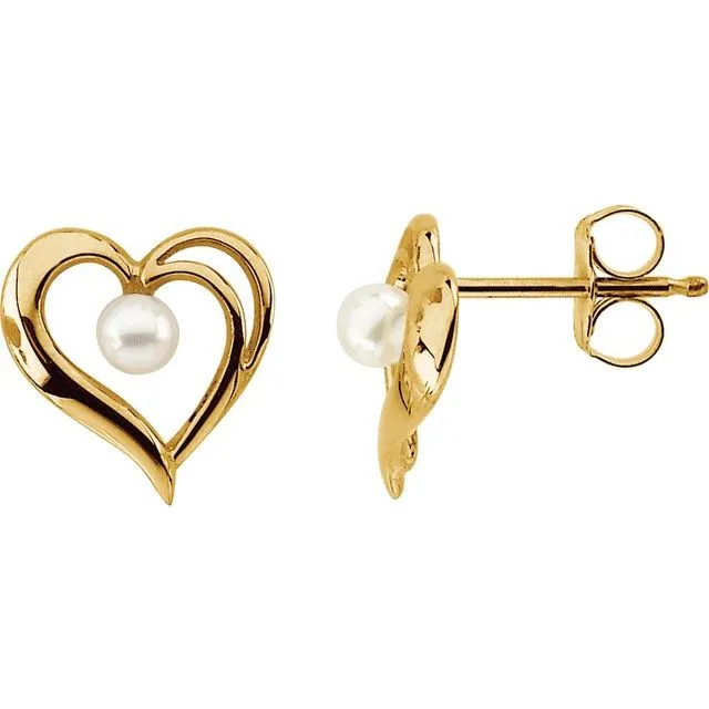Earrings TreasureFineJewelers 14K Yellow Cultured Akoya Pearl Heart Earrings