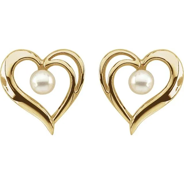 Earrings TreasureFineJewelers 14K Yellow Cultured Akoya Pearl Heart Earrings