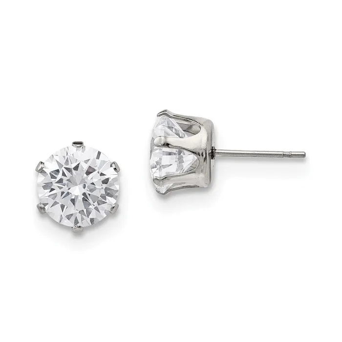 Earrings TreasureFineJewelers Stainless Steel Polished 9mm Round CZ Stud Post Earrings