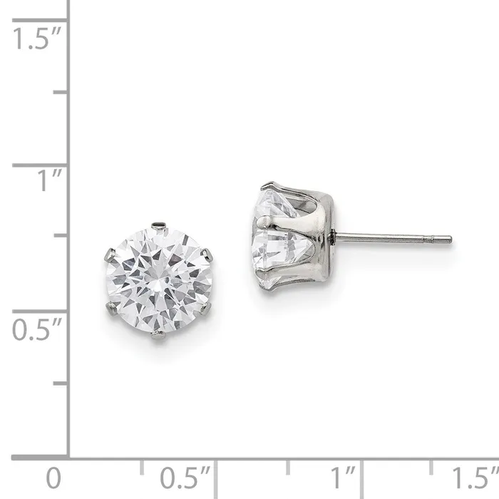 Earrings TreasureFineJewelers Stainless Steel Polished 9mm Round CZ Stud Post Earrings