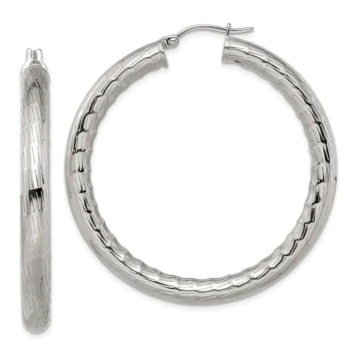 Earrings TreasureFineJewelers Stainless Steel Polished and Textured Hollow Hoop Earrings