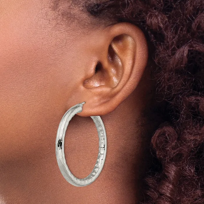 Earrings TreasureFineJewelers Stainless Steel Polished and Textured Hollow Hoop Earrings
