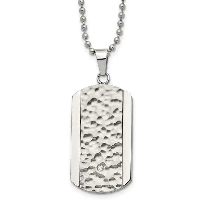 Necklaces TreasureFineJewelers Chisel Stainless Steel Polished and Hammered with CZ Dog Tag on a 22 inch Ball Chain Necklace Necklaces TreasureFineJewelers Chisel Stainless Steel Polished and Hammered with CZ Dog Tag on a 22 inch Ball Chain Necklace