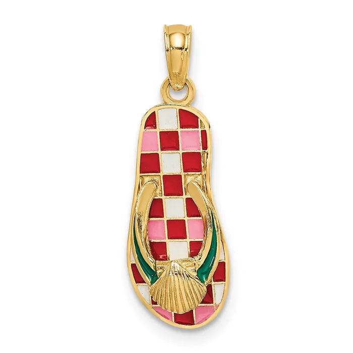 TreasureFineJewelers Charm Necklaces 14K 3D Enamel Shell On Red Checkered FlipFlop Charm