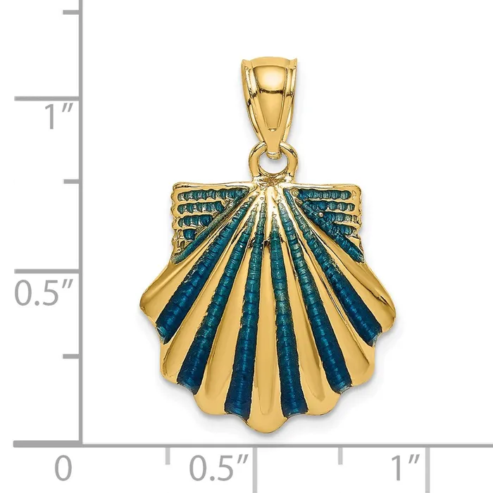 TreasureFineJewelers Charm Necklaces 14k Yellow Gold Blue Enamel Scallop Shell Charm