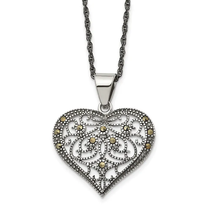 TreasureFineJewelers Necklaces Stainless Steel Antiqued and Polished wMarcasite Heart 20in Necklace TreasureFineJewelers Necklaces Stainless Steel Antiqued and Polished wMarcasite Heart 20in Necklace