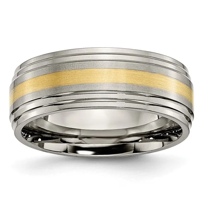 TreasureFineJewelers Rings Titanium Brushed Center w14k Yellow Gold Inlay 8mm Ridged Edge Band TreasureFineJewelers Rings Titanium Brushed Center w14k Yellow Gold Inlay 8mm Ridged Edge Band