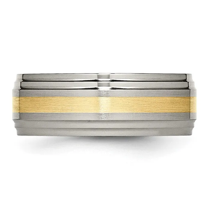 TreasureFineJewelers Rings Titanium Brushed Center w14k Yellow Gold Inlay 8mm Ridged Edge Band