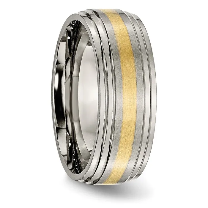 TreasureFineJewelers Rings Titanium Brushed Center w14k Yellow Gold Inlay 8mm Ridged Edge Band