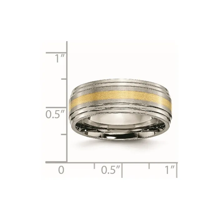 TreasureFineJewelers Rings Titanium Brushed Center w14k Yellow Gold Inlay 8mm Ridged Edge Band