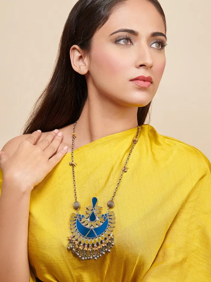 Curio Cottage Necklaces Aria Oxidised Blue Mirrior Long Necklace