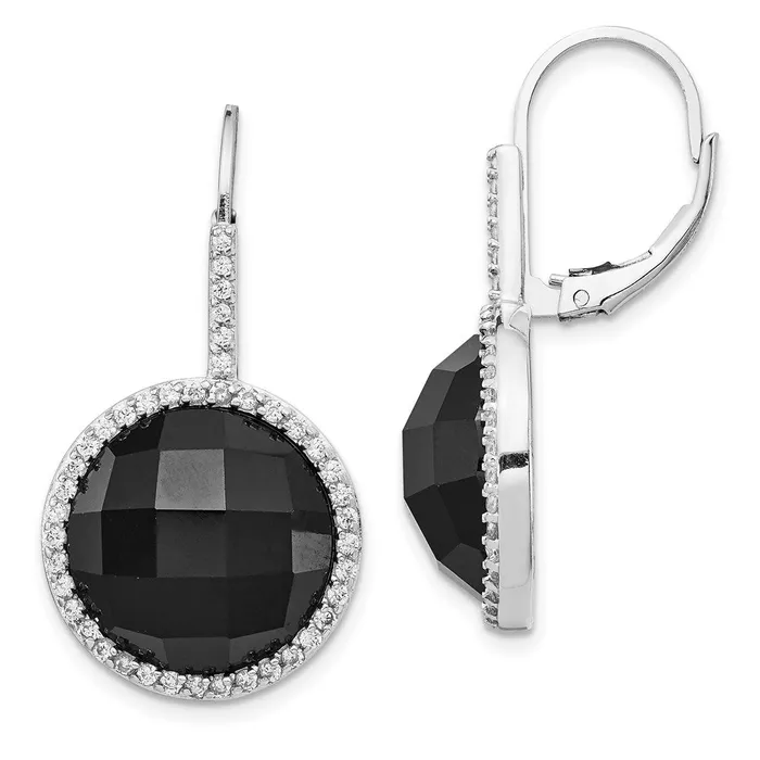 Cheryl M SS Rhod Plated CZ Onyx Checkerboard Cut Leverback EarringsWBCQCM751 WB Choice Jewelry Earrings
