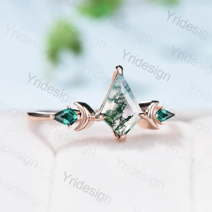 Dainty Kite Cut Moss Agate Engagement Ring Vintage Moon Green Agate Kite Emerald Wedding Ring For Women Rose Gold Art Deco Promise Ring PENFINE Rings Dainty Kite Cut Moss Agate Engagement Ring Vintage Moon Green Agate Kite Emerald Wedding Ring For Women Rose Gold Art Deco Promise Ring PENFINE Rings