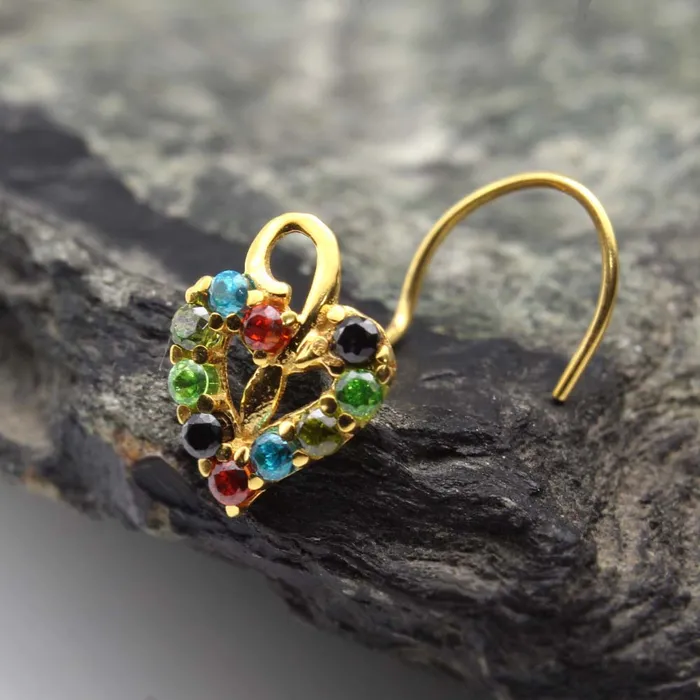 Earrings Cute Ethnic Heart 14k Real Gold CZ Corkscrew Nose Stud 24g Karizma Jewels