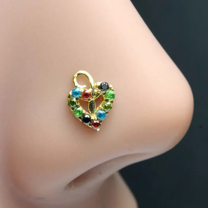 Earrings Cute Ethnic Heart 14k Real Gold CZ Corkscrew Nose Stud 24g Karizma Jewels