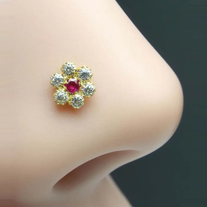 Earrings Daisy Indian Style Floral CZ Studded Body Piercing Jewelry Nose Stud Pin Solid Real 14k Yellow Gold Karizma Jewels