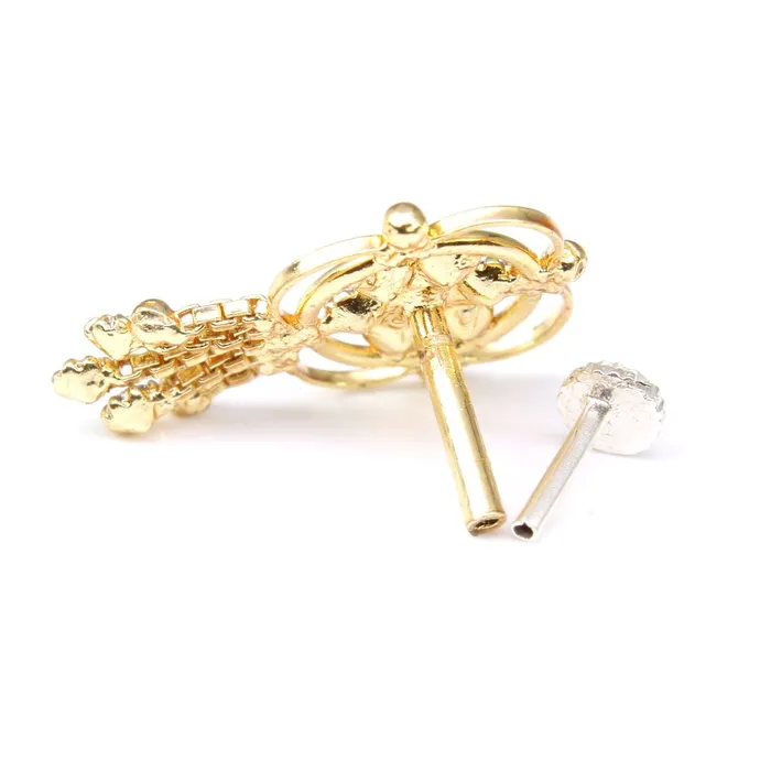 Earrings Statement Dangle Gold Plated Indian Nose Stud White CZ Push Pin Karizma Jewels