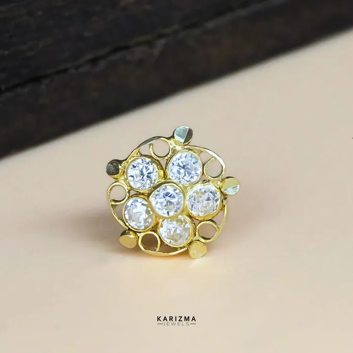 Karizma Jewels 18K Real Gold Indian handmade Women White CZ Floral Nose stud nose ring Push Pin Rings Karizma Jewels 18K Real Gold Indian handmade Women White CZ Floral Nose stud nose ring Push Pin Rings