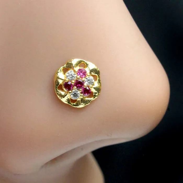 Karizma Jewels Rings Floral Wheel Indian Style Nose ring Pink White CZ Twisted nose ring 22g QD Karizma Jewels Rings Floral Wheel Indian Style Nose ring Pink White CZ Twisted nose ring 22g QD