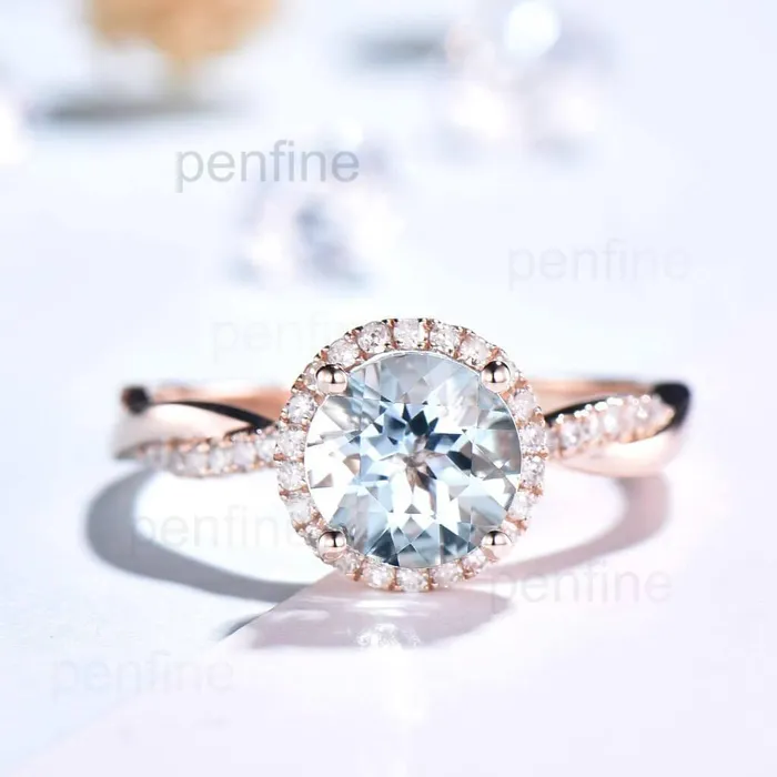 PENFINE Rings Twisted Aquamarine Enggament Ring Halo Diamond