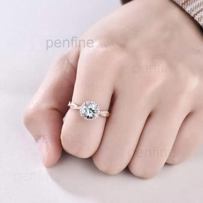 PENFINE Rings Twisted Aquamarine Enggament Ring Halo Diamond