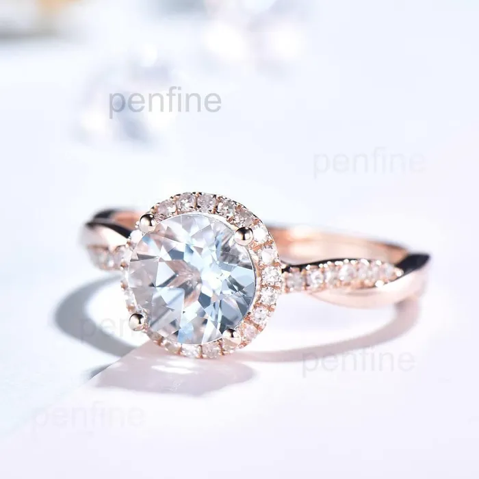 PENFINE Rings Twisted Aquamarine Enggament Ring Halo Diamond