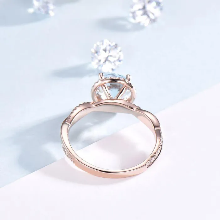 PENFINE Rings Twisted Aquamarine Enggament Ring Halo Diamond